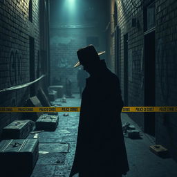 A dramatic crime scene backdrop with shadows casting ominously, featuring dimly lit alleyway details, abandoned objects like a worn-out suitcase, and evidence markers scattered around