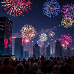 A vibrant city skyline at night, illuminated by colorful fireworks bursting in the sky