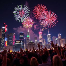 A vibrant city skyline at night, illuminated by colorful fireworks bursting in the sky