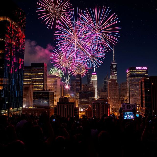 A vibrant city skyline at night, illuminated by colorful fireworks bursting in the sky