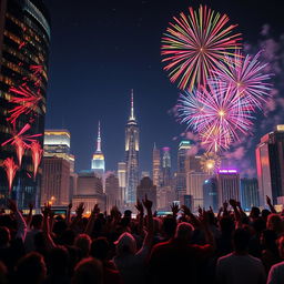 A vibrant city skyline at night, illuminated by colorful fireworks bursting in the sky