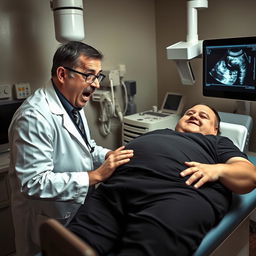 A comical yet intense scene featuring a radiologist who appears very focused and slightly frantic as they conduct a sonographic examination on a very overweight man