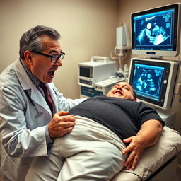A comical yet intense scene featuring a radiologist who appears very focused and slightly frantic as they conduct a sonographic examination on a very overweight man