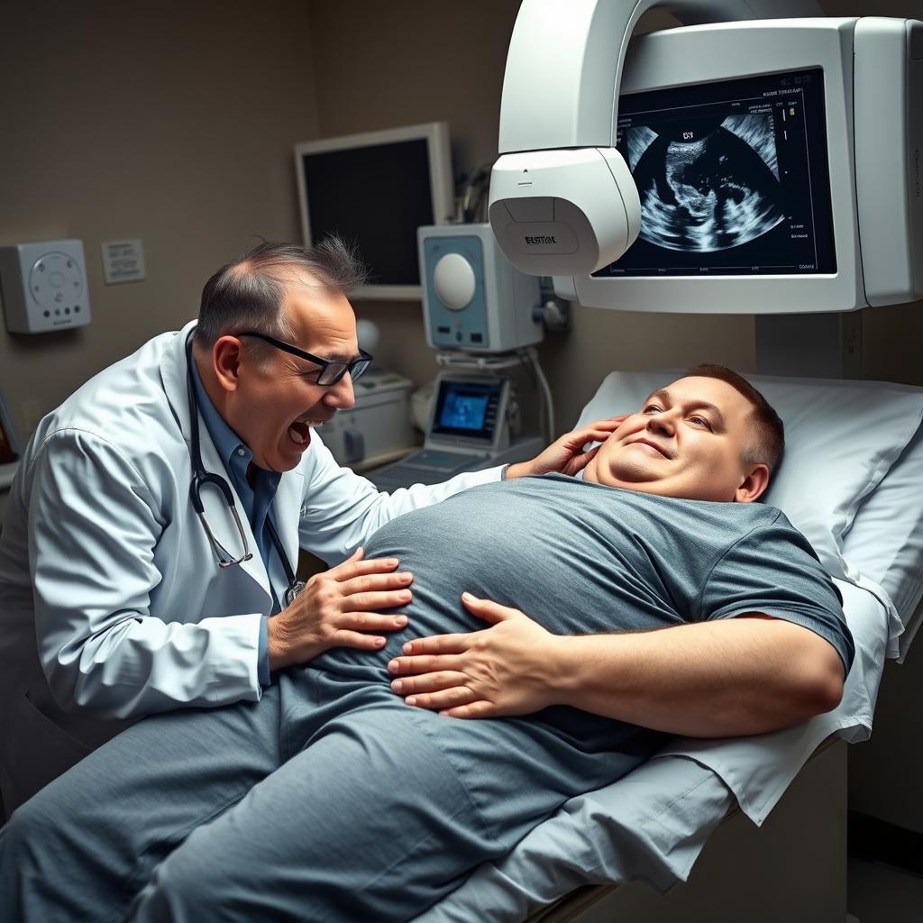 A comical yet intense scene featuring a radiologist who appears very focused and slightly frantic as they conduct a sonographic examination on a very overweight man