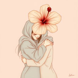 A gentle, tender, and slightly melancholic scene featuring two women wrapped tightly together in a warm embrace