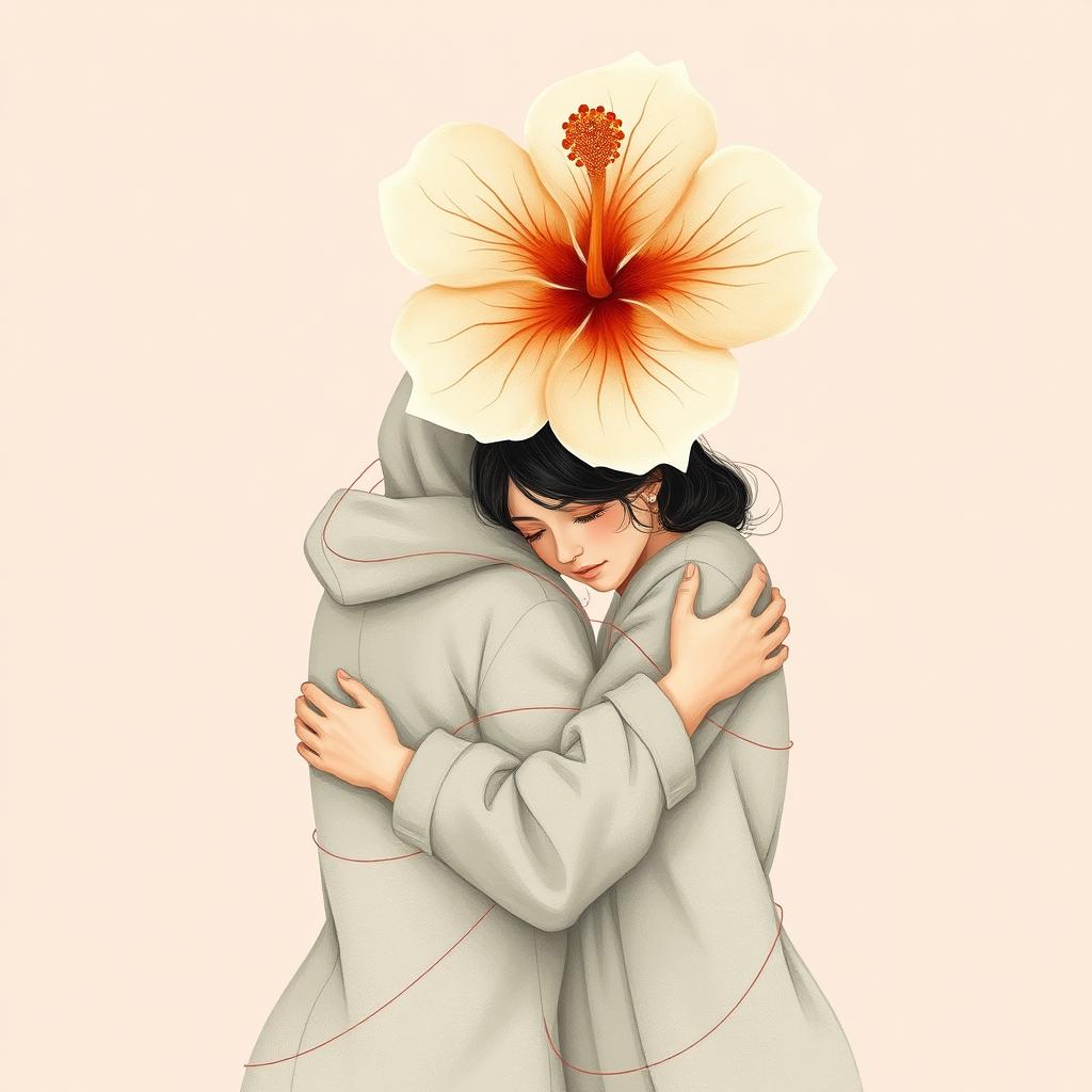 A gentle, tender, and slightly melancholic scene featuring two women wrapped tightly together in a warm embrace