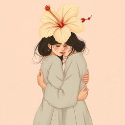 A gentle, tender, and slightly melancholic scene featuring two women wrapped tightly together in a warm embrace