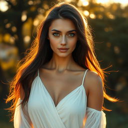 A hyper-realistic portrait of a beautiful adult woman with long, flowing dark hair and striking green eyes