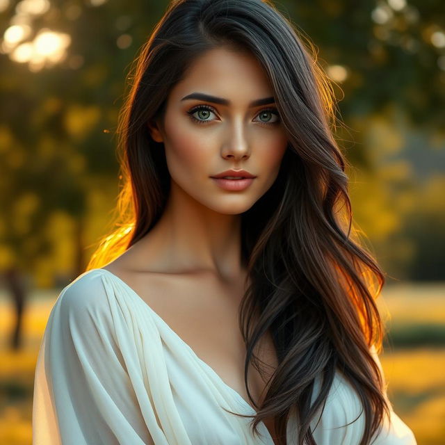 A hyper-realistic portrait of a beautiful adult woman with long, flowing dark hair and striking green eyes