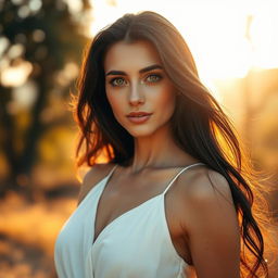 A hyper-realistic portrait of a beautiful adult woman with long, flowing dark hair and striking green eyes