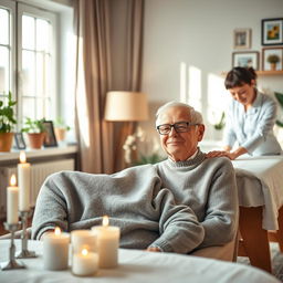 A thoughtful and caring scene of a grandfather with body aches sitting comfortably in a cozy living room