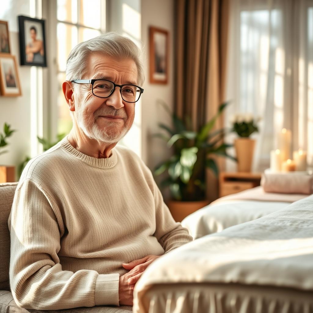 A thoughtful and caring scene of a grandfather with body aches sitting comfortably in a cozy living room