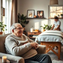 A thoughtful and caring scene of a grandfather with body aches sitting comfortably in a cozy living room