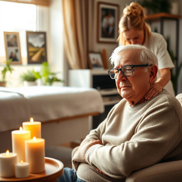 A thoughtful and caring scene of a grandfather with body aches sitting comfortably in a cozy living room