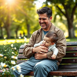 A compassionate father sitting on a park bench in a serene environment, cradling a young child in his arms