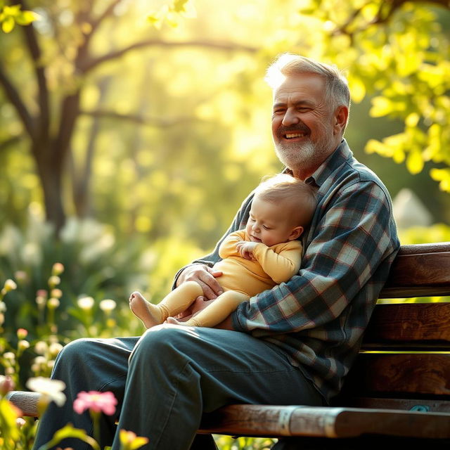 A compassionate father sitting on a park bench in a serene environment, cradling a young child in his arms