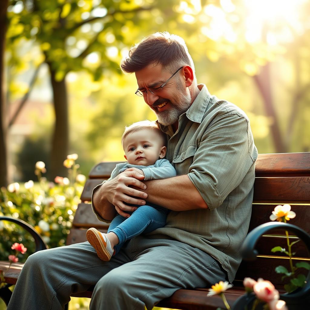 A compassionate father sitting on a park bench in a serene environment, cradling a young child in his arms