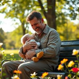A compassionate father sitting on a park bench in a serene environment, cradling a young child in his arms
