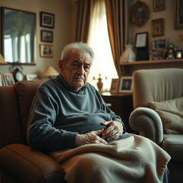 An elderly father sitting in a cozy, warmly lit living room, surrounded by mementos and family photos