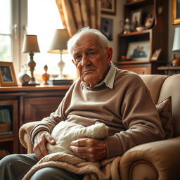 An elderly father sitting in a cozy, warmly lit living room, surrounded by mementos and family photos