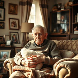 An elderly father sitting in a cozy, warmly lit living room, surrounded by mementos and family photos