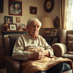 An elderly father sitting in a cozy, warmly lit living room, surrounded by mementos and family photos