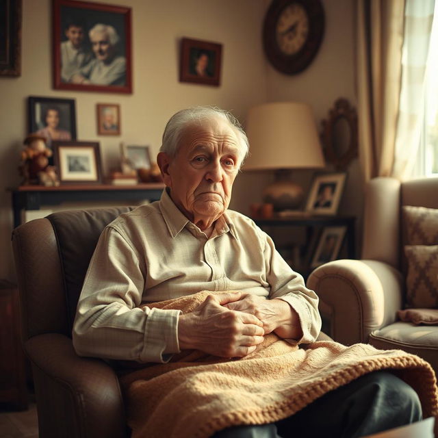 An elderly father sitting in a cozy, warmly lit living room, surrounded by mementos and family photos