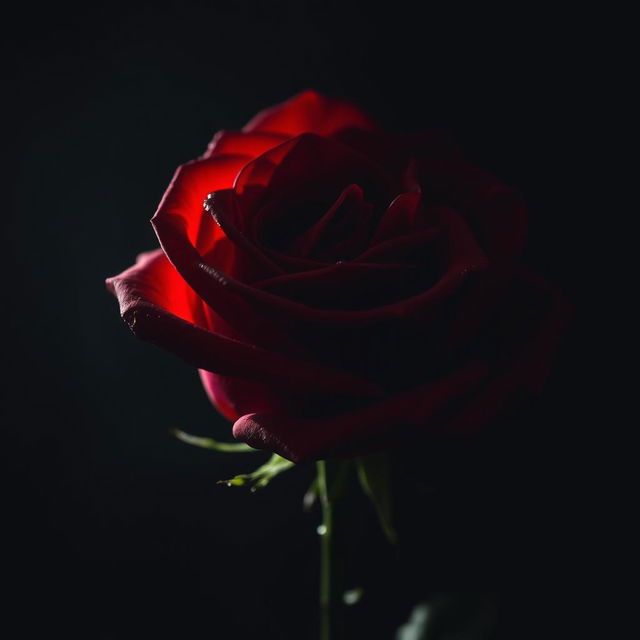 A strikingly beautiful red rose in a dark, night-time setting