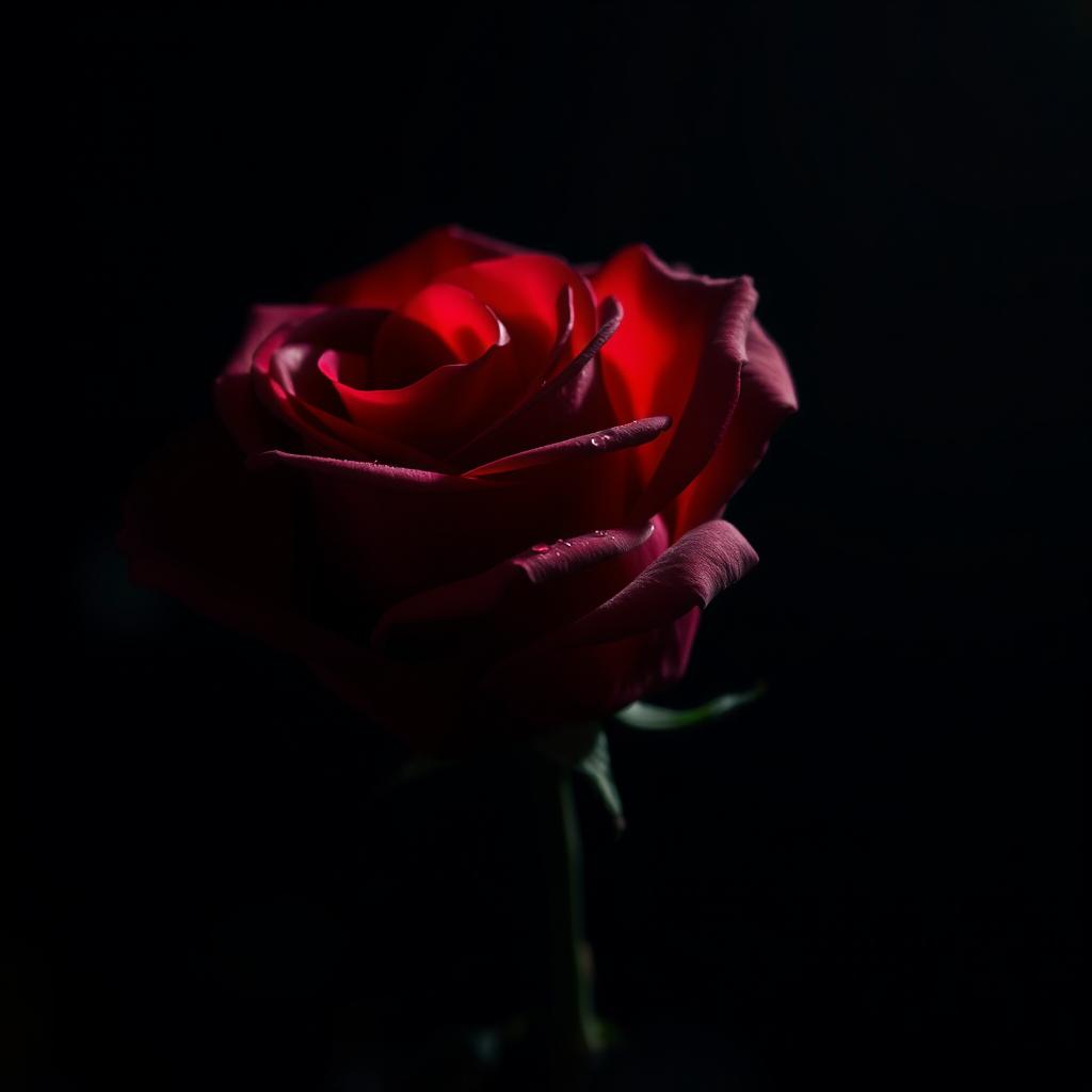 A strikingly beautiful red rose in a dark, night-time setting
