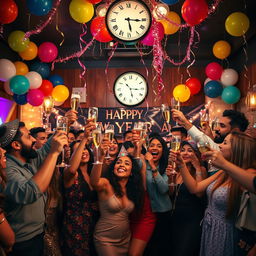 A festive New Year's Eve celebration scene with a group of diverse friends joyfully raising glasses of champagne in a beautifully decorated room