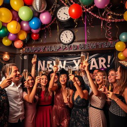 A festive New Year's Eve celebration scene with a group of diverse friends joyfully raising glasses of champagne in a beautifully decorated room
