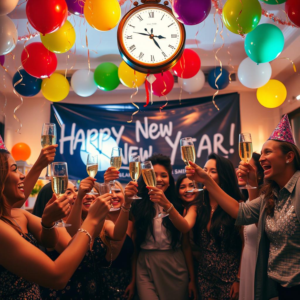 A festive New Year's Eve celebration scene with a group of diverse friends joyfully raising glasses of champagne in a beautifully decorated room