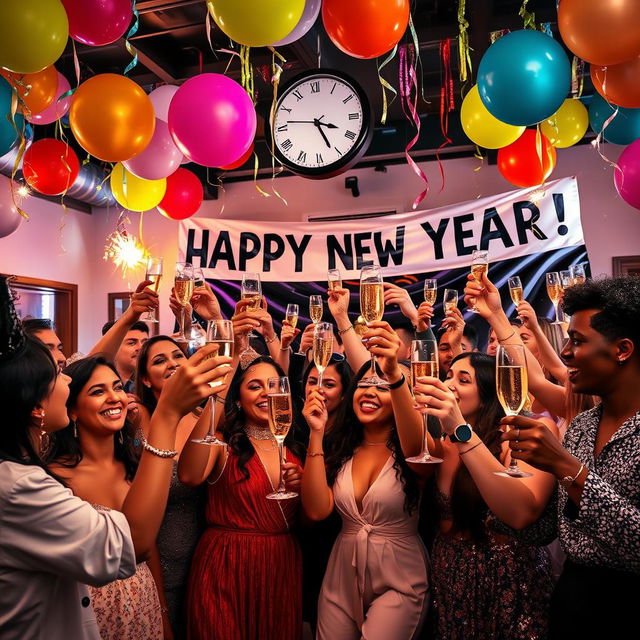 A festive New Year's Eve celebration scene with a group of diverse friends joyfully raising glasses of champagne in a beautifully decorated room