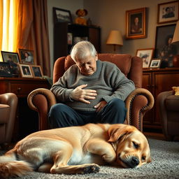 A poignant scene capturing an elderly father in his living room, sitting heavily in an armchair, showing a pained expression on his face