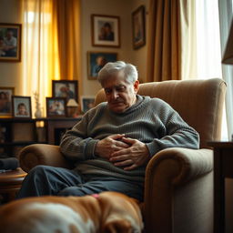 A poignant scene capturing an elderly father in his living room, sitting heavily in an armchair, showing a pained expression on his face