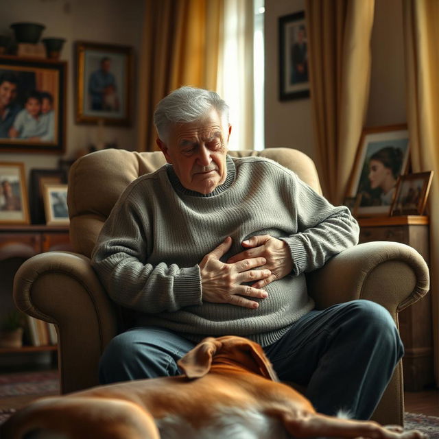 A poignant scene capturing an elderly father in his living room, sitting heavily in an armchair, showing a pained expression on his face