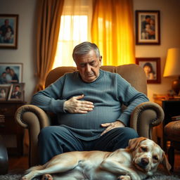 A poignant scene capturing an elderly father in his living room, sitting heavily in an armchair, showing a pained expression on his face
