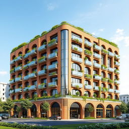 A beautifully designed residential and commercial building featuring a unique facade that incorporates brick and glass materials