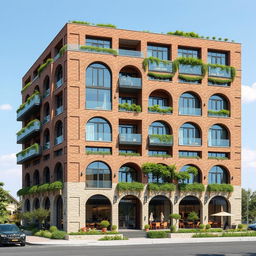 A beautifully designed residential and commercial building featuring a unique facade that incorporates brick and glass materials