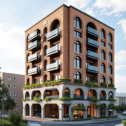 A beautifully designed residential and commercial building featuring a unique facade that incorporates brick and glass materials