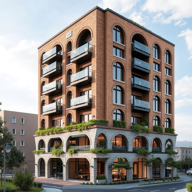 A beautifully designed residential and commercial building featuring a unique facade that incorporates brick and glass materials