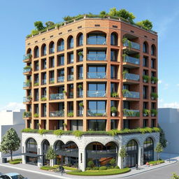 A beautifully designed residential and commercial building featuring a unique facade that incorporates brick and glass materials