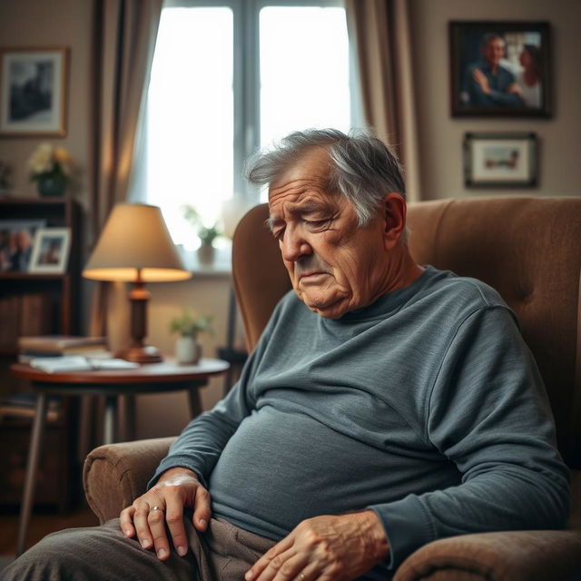 A somber scene featuring an elderly grandfather sitting alone in a cozy living room, looking weary and in severe pain