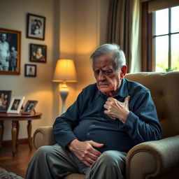 A somber scene featuring an elderly grandfather sitting alone in a cozy living room, looking weary and in severe pain