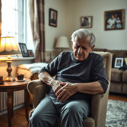 A somber scene featuring an elderly grandfather sitting alone in a cozy living room, looking weary and in severe pain