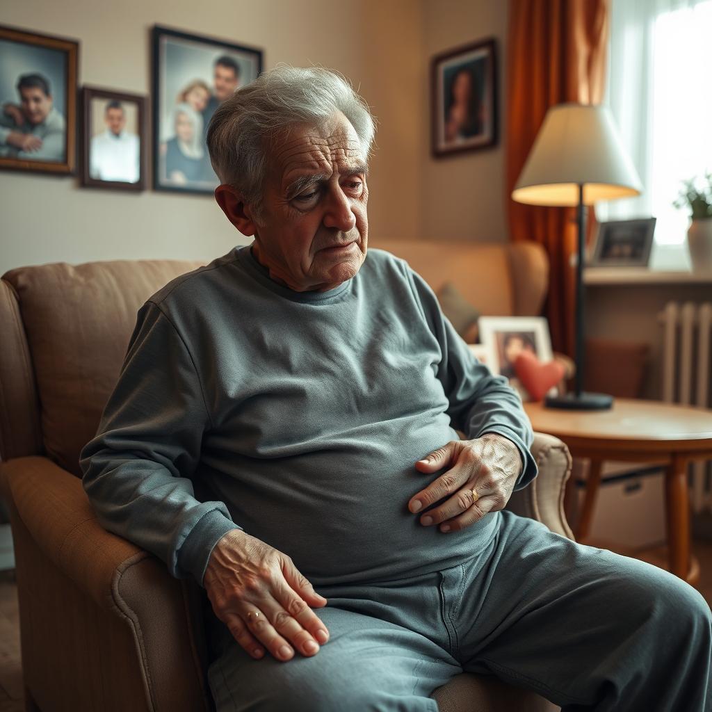 A somber scene featuring an elderly grandfather sitting alone in a cozy living room, looking weary and in severe pain