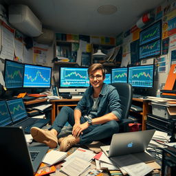 A cool trader, casually dressed, sitting in a messy room reminiscent of a village kid's space