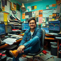 A cool trader, casually dressed, sitting in a messy room reminiscent of a village kid's space