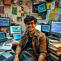 A cool trader, casually dressed, sitting in a messy room reminiscent of a village kid's space