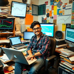 A cool trader, casually dressed, sitting in a messy room reminiscent of a village kid's space
